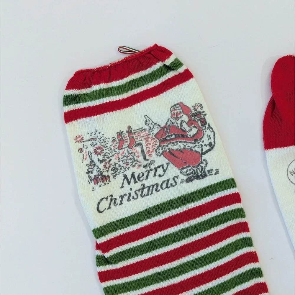 Vintage Christmas Sock Stocking MCM Retro Santa Image Red Green Stripe -Set of 2